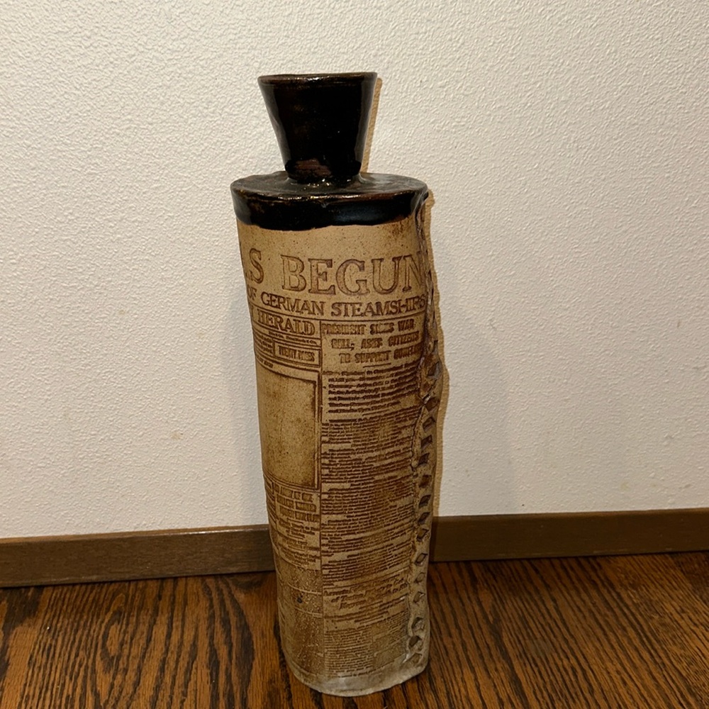 Signed Studio Art Pottery Vase Newspaper Print 16”